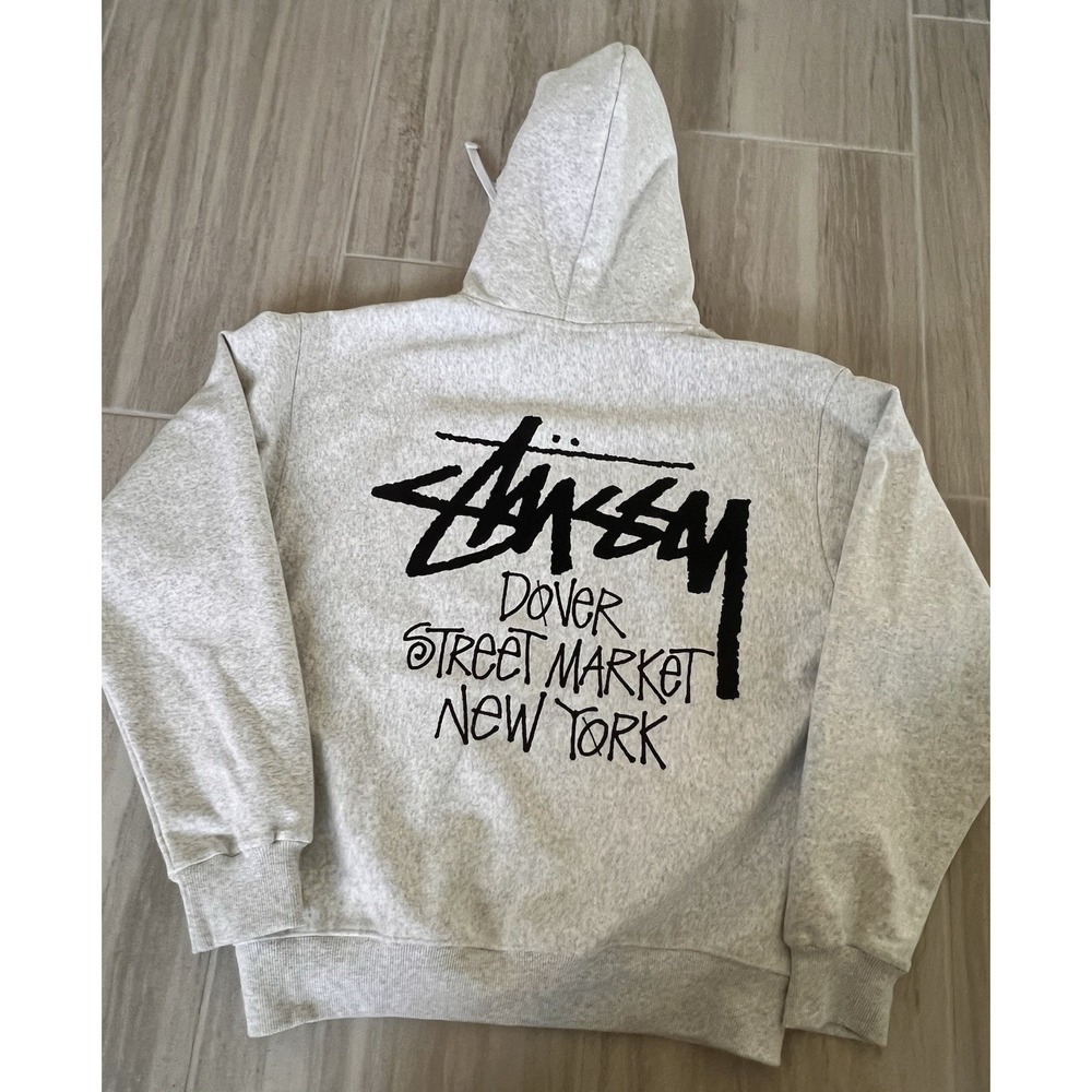 NWT Stussy x Dover Street Market Men's Full Zip Fleece Hoodie Logo Gray Size S
